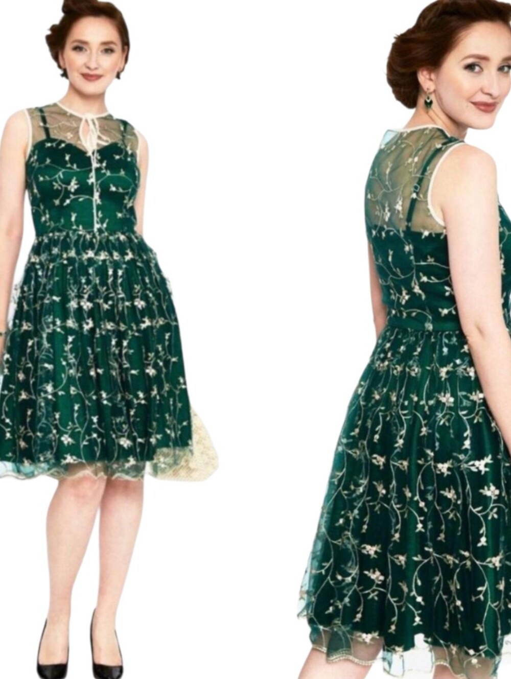 Voodoo Vixen Dark Green Tallulahl Tulle Embroidered Mesh Fit & Flare Dress Sz M